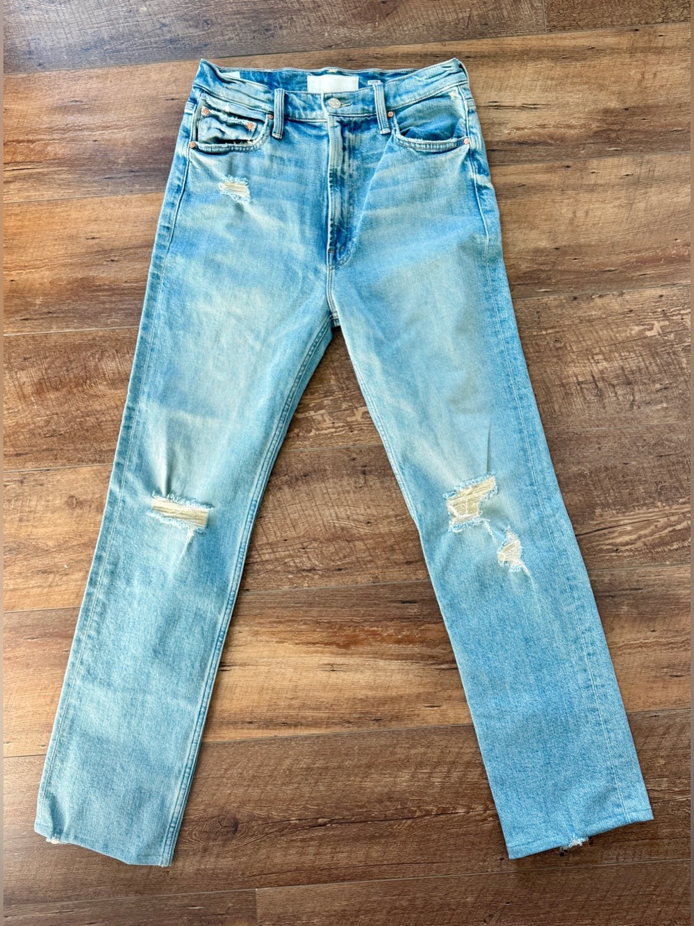 MOTHER Light Blue Distressed Straight-Leg Jeans - Size 29